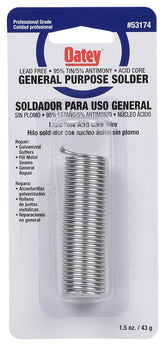 Oatey 53174 Acid Core Wire Solder, 1-1/2 oz Carded, Solid, Silver, 450 to 464 deg F Melting Point